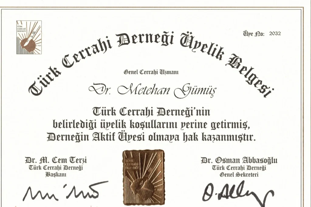 Türk Cerrahi Derneği Üyelik Belgesi